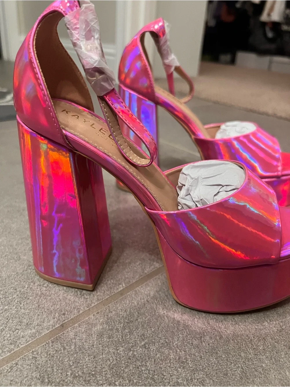 New Holographic Pink Patent Leather Platform Chunky Heels - Iridescent Metallic